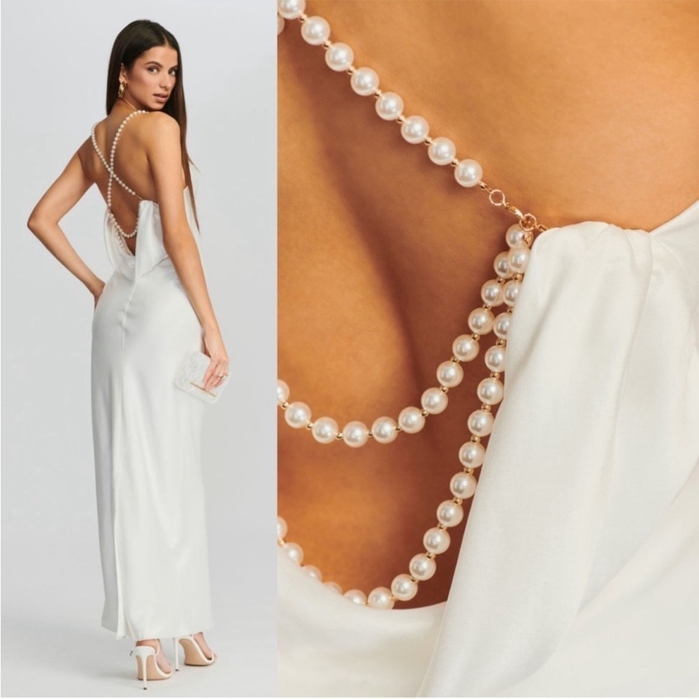 NWT Retrofete Electra Pearl Strap Maxi Satin Open Back Cowl Neck Dress White - Picture 11 of 11
